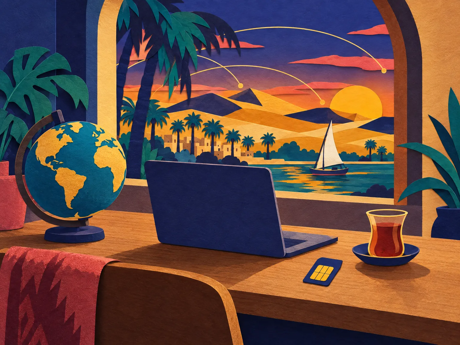 Illustration: a small travel desk with a laptop, a globe turned to Egypt and a cup of tea.