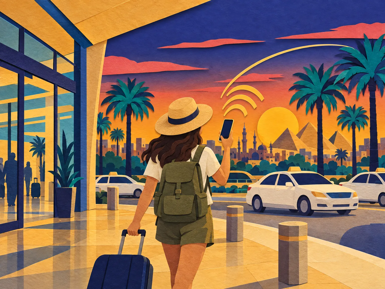 Illustration of the Cairo airport forecourt with palms and a waiting car.