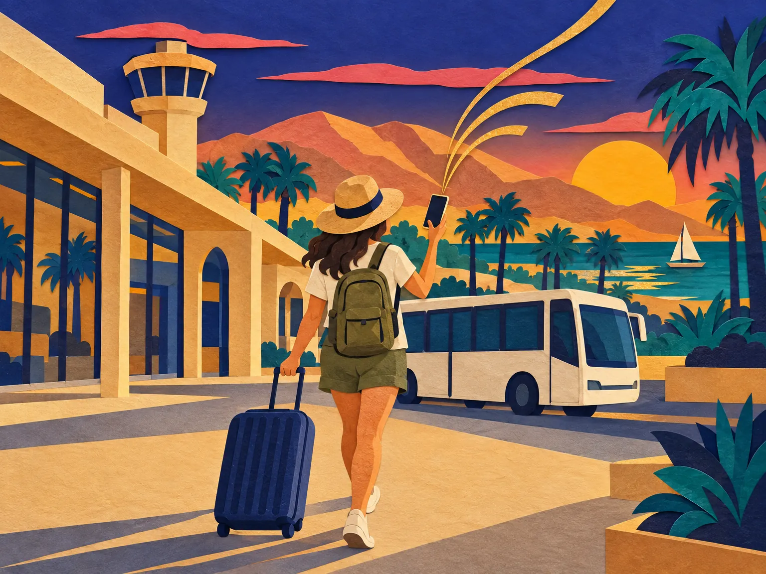 Illustration of the Hurghada airport forecourt with palms and a waiting car.