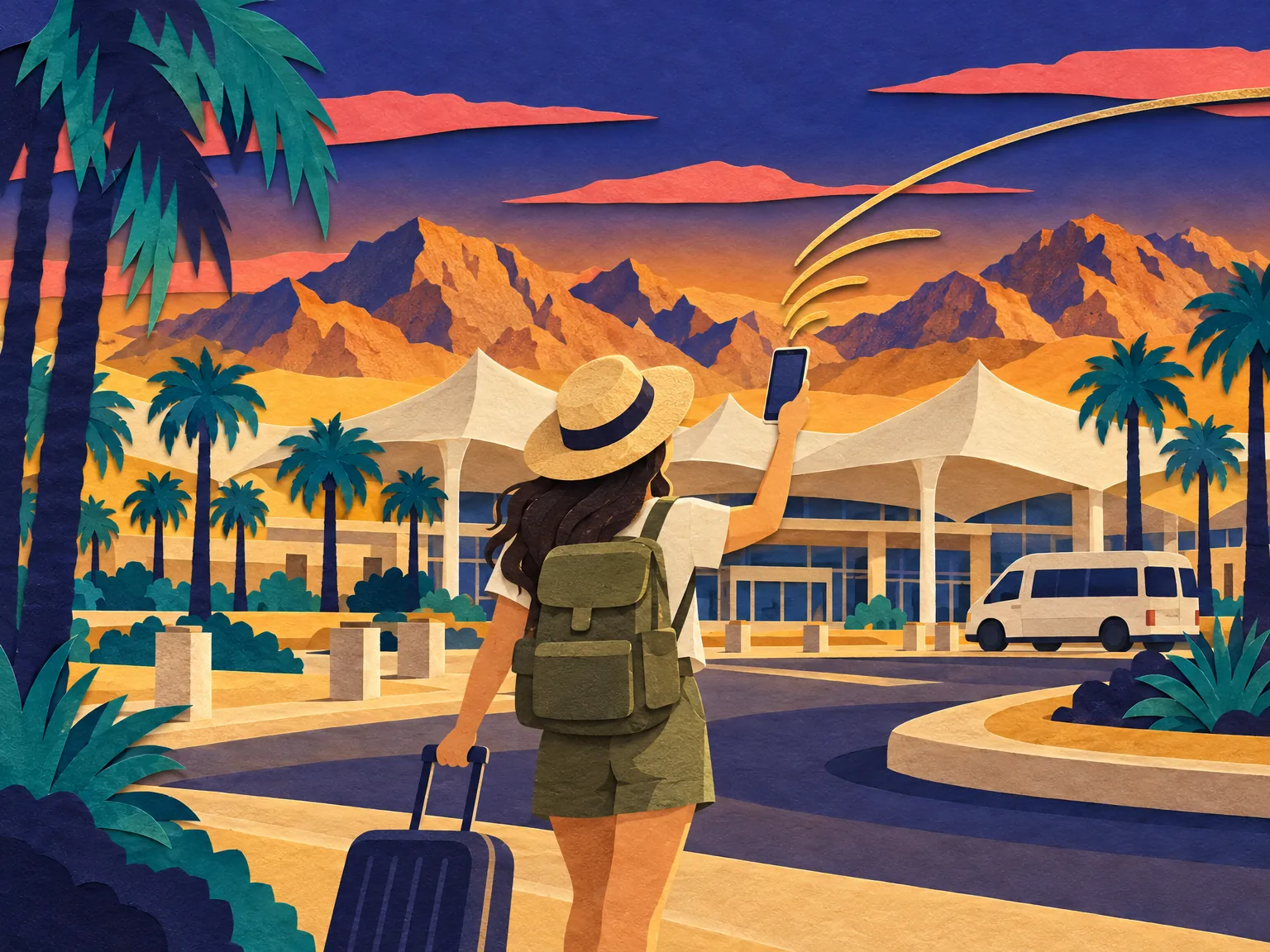 Illustration of the Sharm El Sheikh airport forecourt with palms and a waiting car.