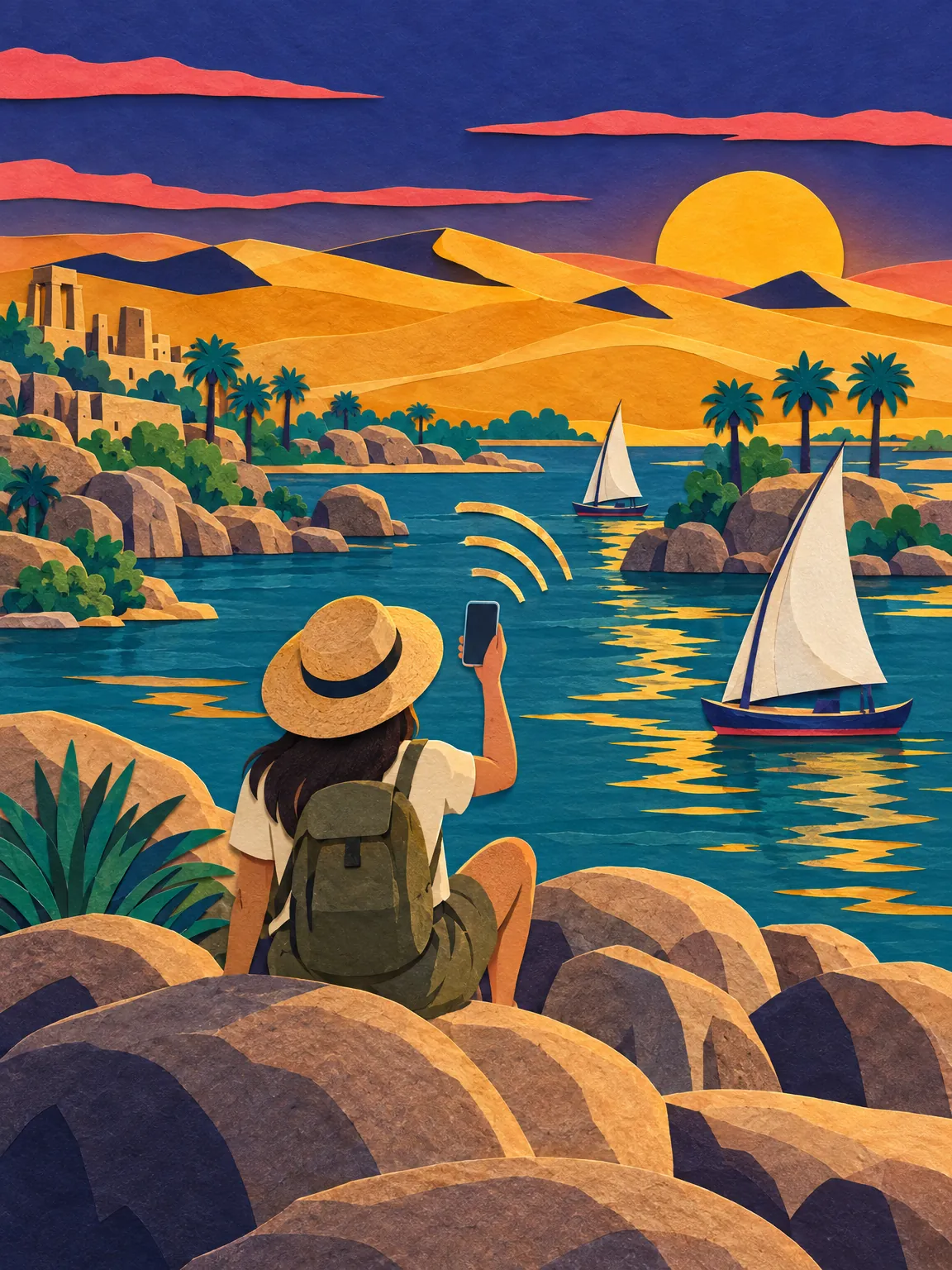 Ilustrasi felucca di Sungai Nil di Aswan, dengan pulau granit di belakang.