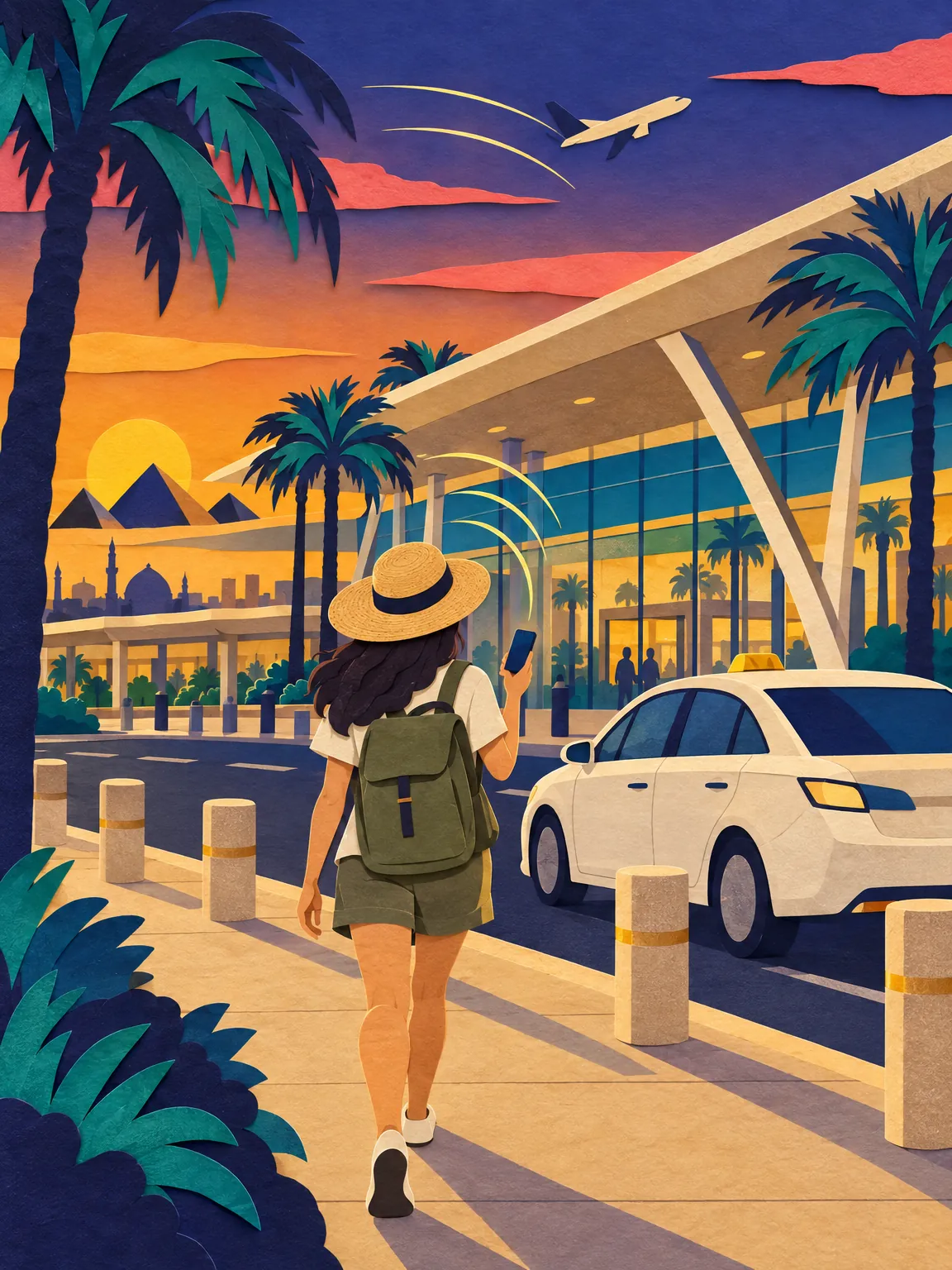 Ilustrasi halaman depan terminal lapangan terbang Kaherah, dengan pokok palma dan teksi.
