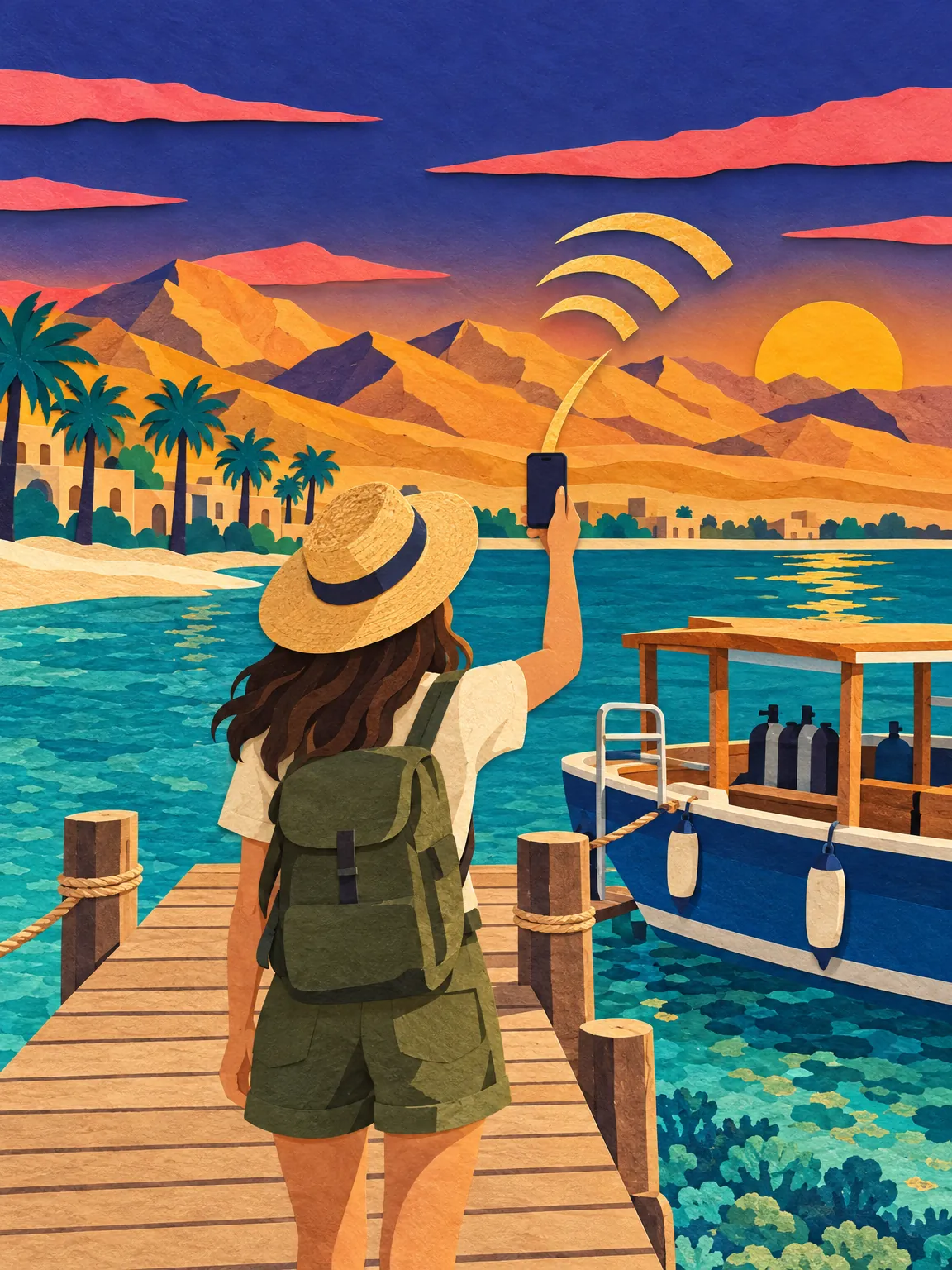 Ilustrasi pantai Laut Merah di Hurghada, air biru firus dan sebuah bot kecil.