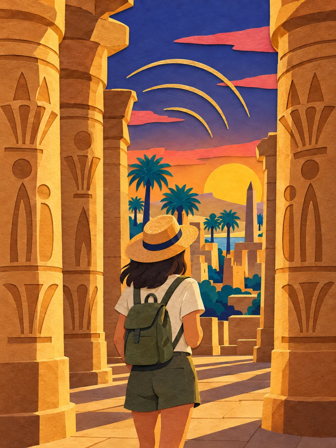 Ilustrasi tiang-tiang sebuah kuil di Luxor ketika cahaya senja keemasan.