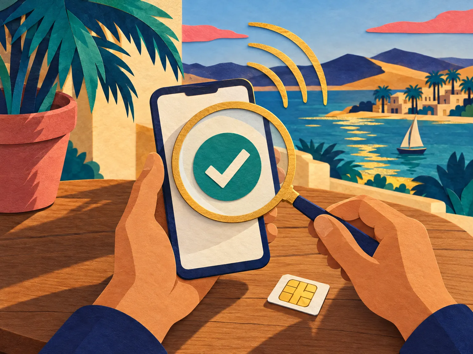 Illustration: hands hold a phone under a magnifying glass, a green tick on the screen.