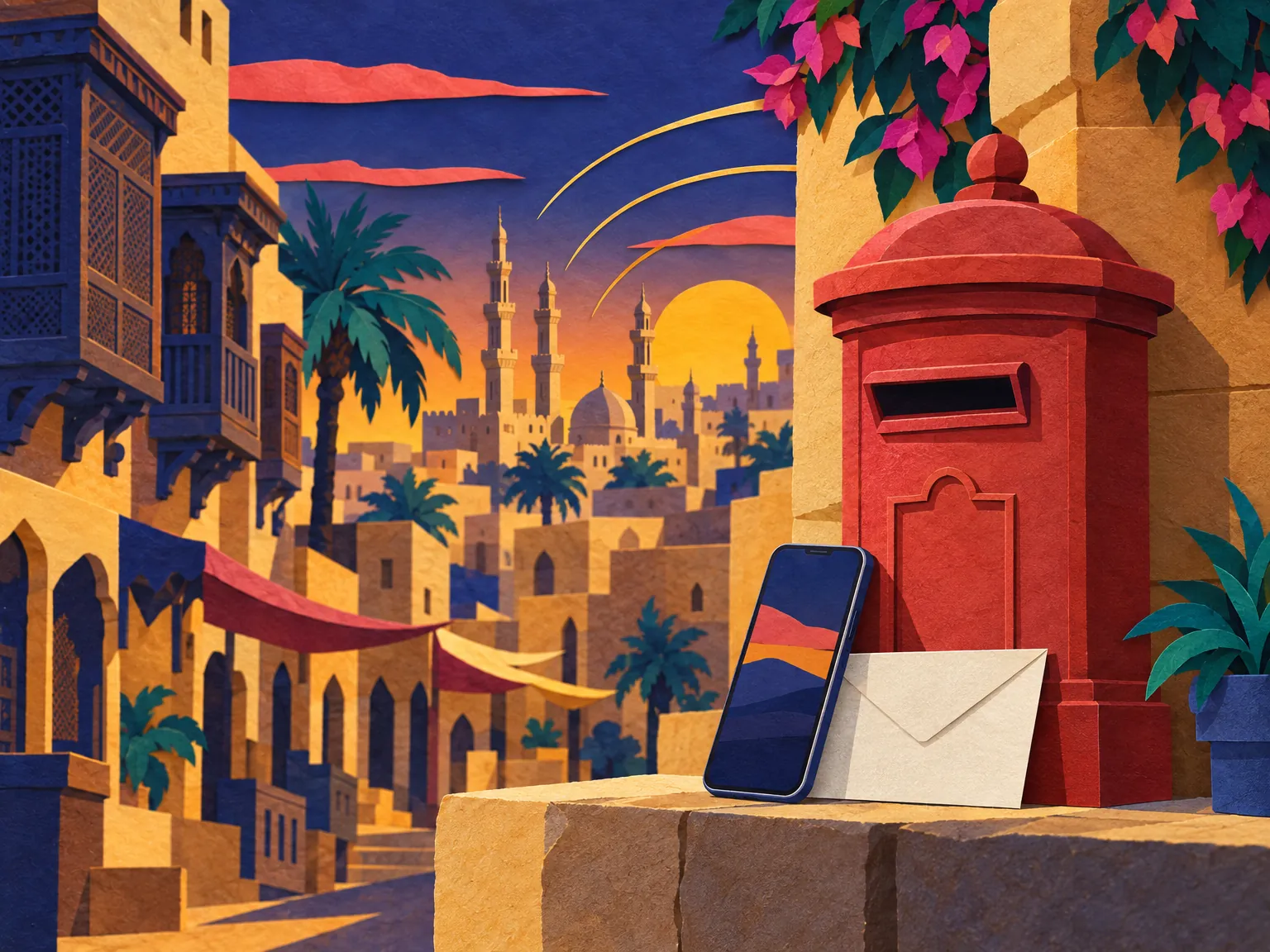 Illustration: a letterbox on a Cairo street corner, a phone and an envelope beside it.