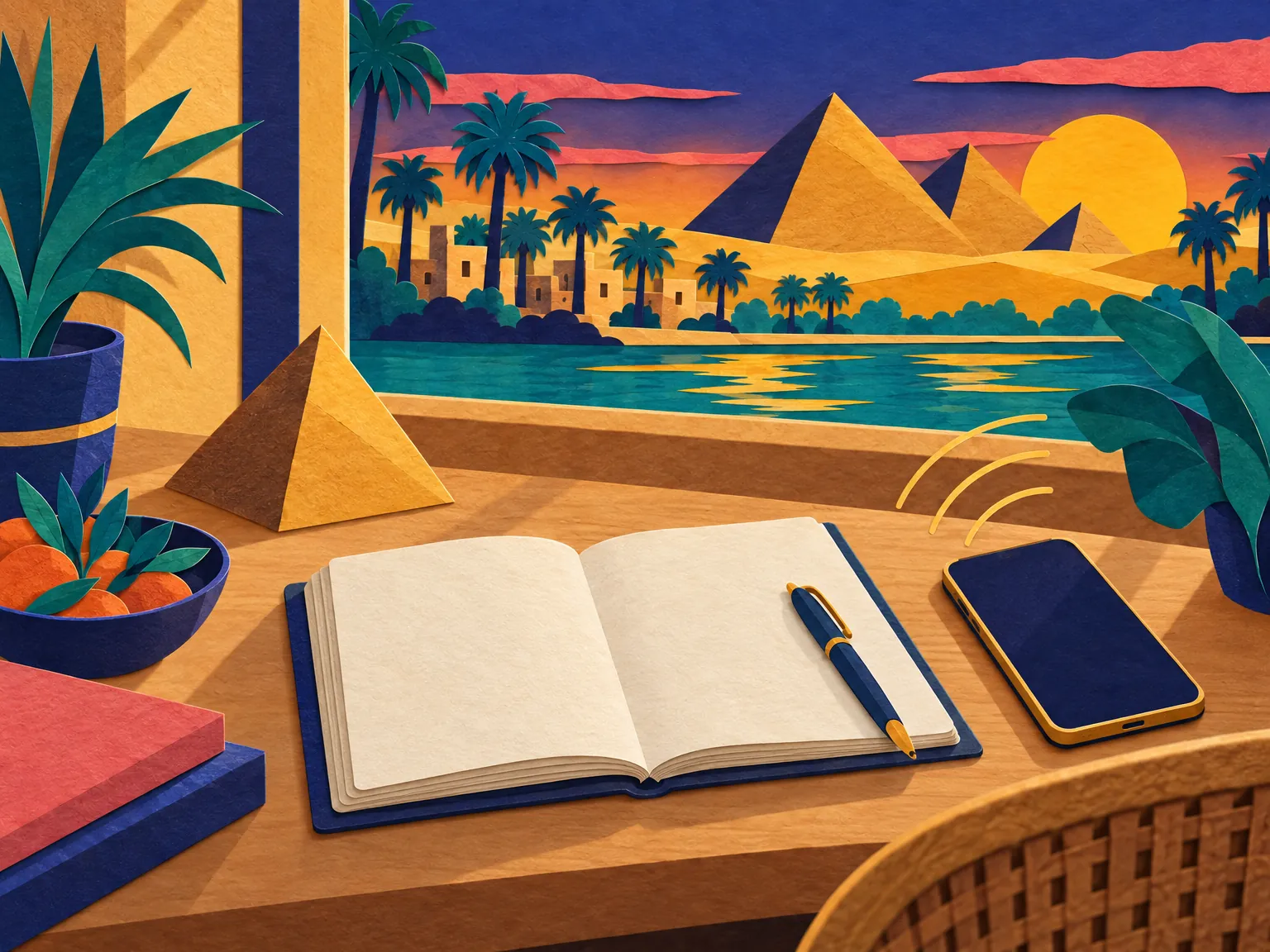 Illustration: a notebook, a pen and a phone on a desk beside a small pyramid.
