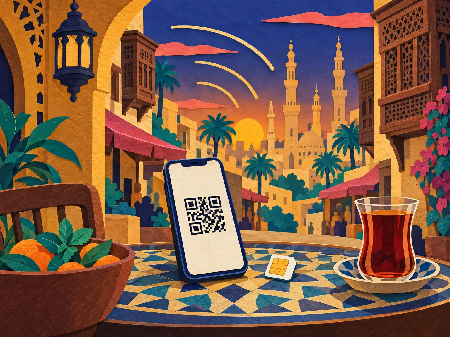 Illustration: a phone showing a QR code next to a plastic SIM card on a café table in Cairo.