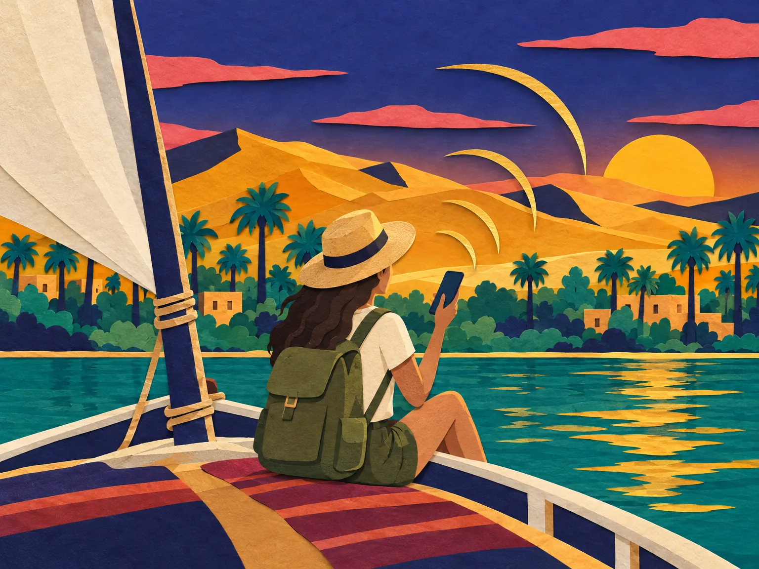 Illustration: a traveller on a felucca on the Nile reads a phone.