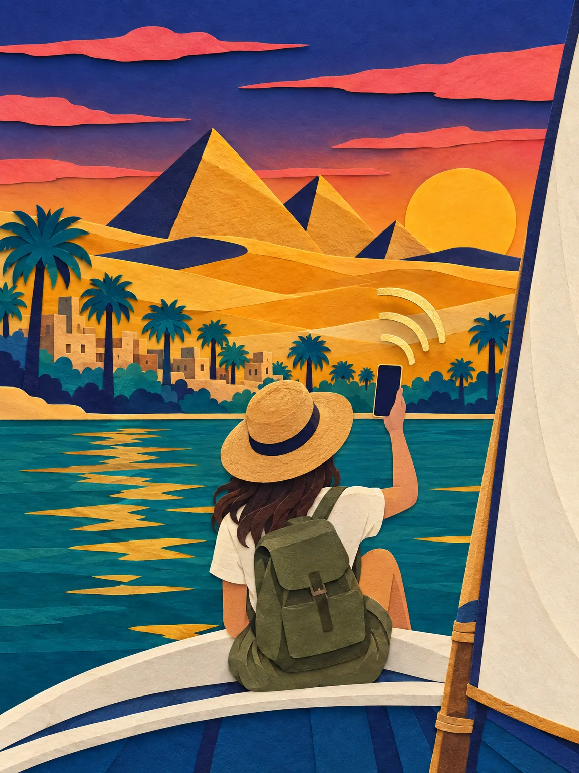 Illustration: a traveller on a felucca on the Nile at sunset holds up a phone.