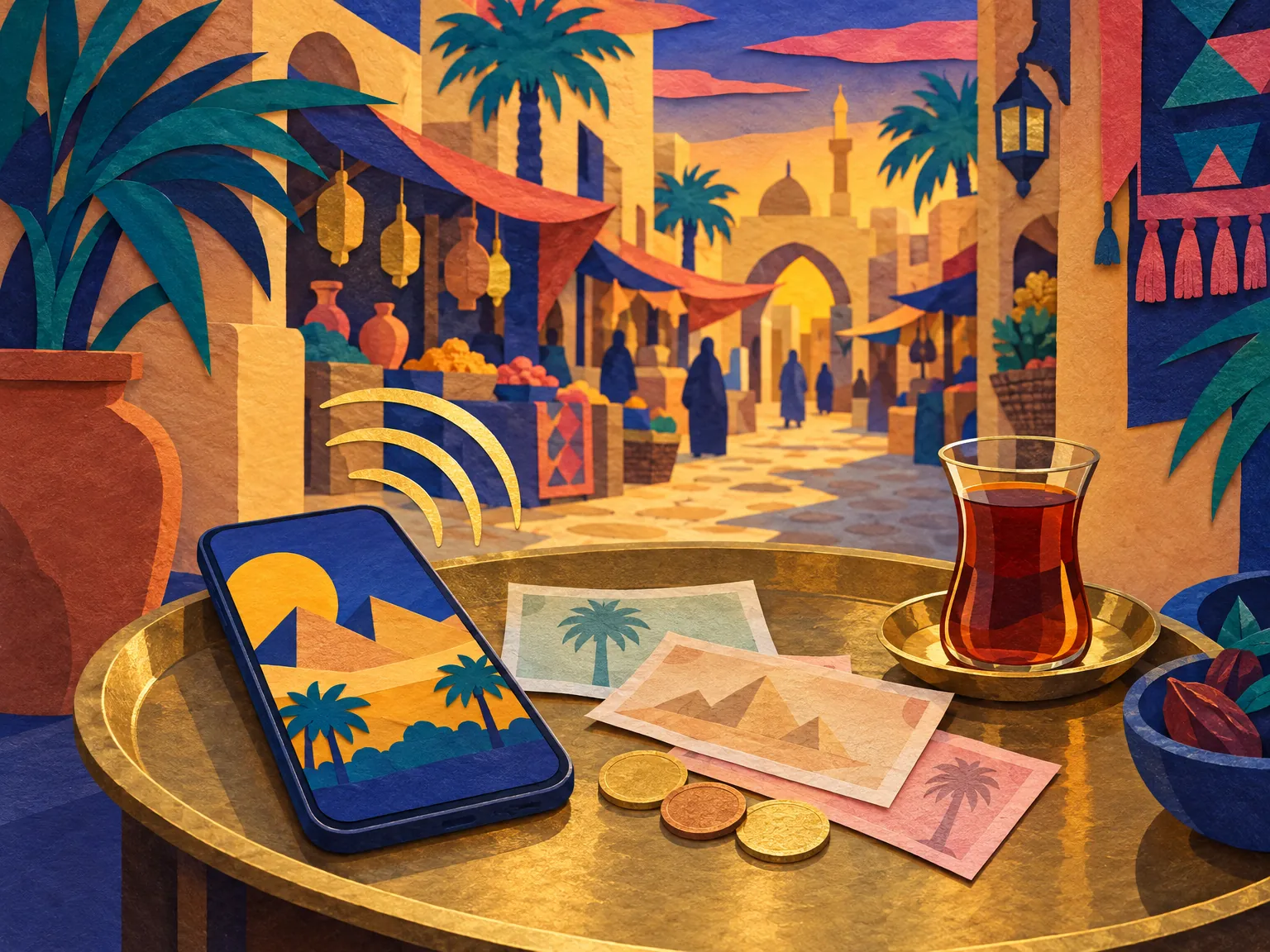 Illustration: Egyptian pound notes and coins beside a cup of tea.