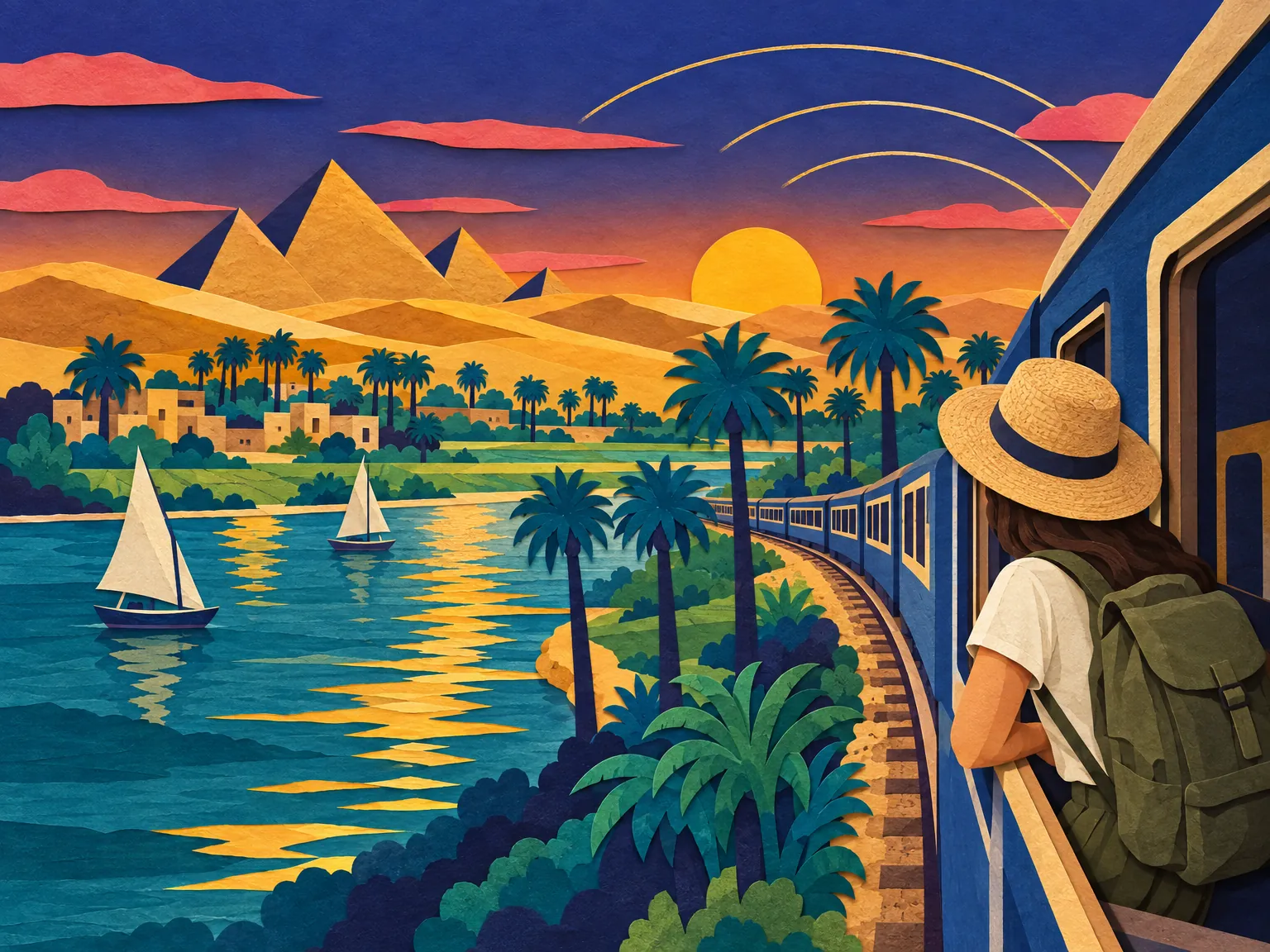 Illustration: a train running beside the Nile past palms and fields.