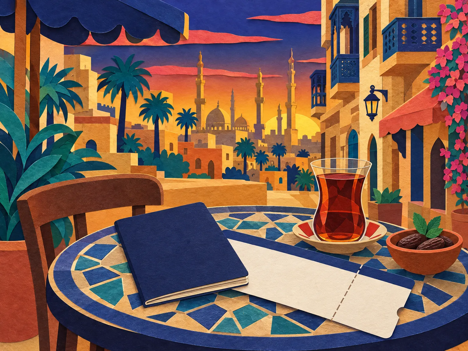 Illustration: a passport and a boarding pass on a café table in Cairo.