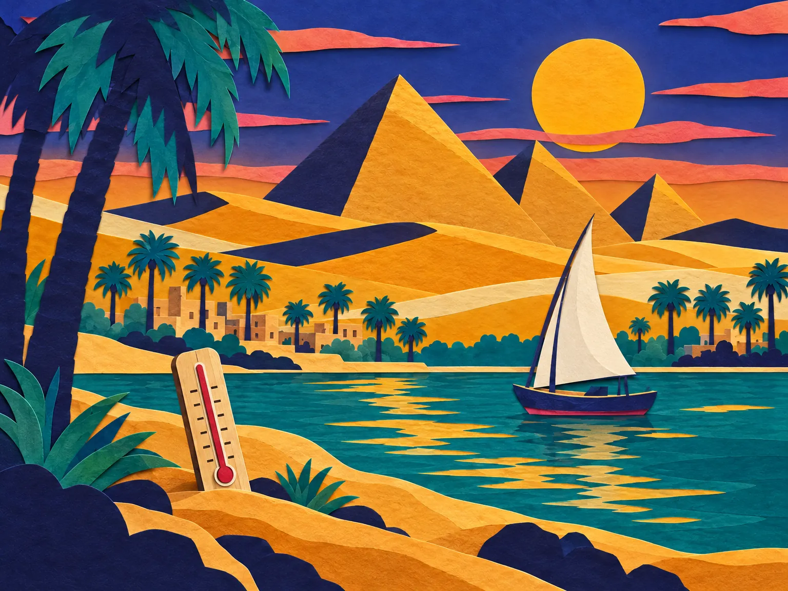 Illustration: the sun over the desert beside the Nile, a thermometer planted in the sand.