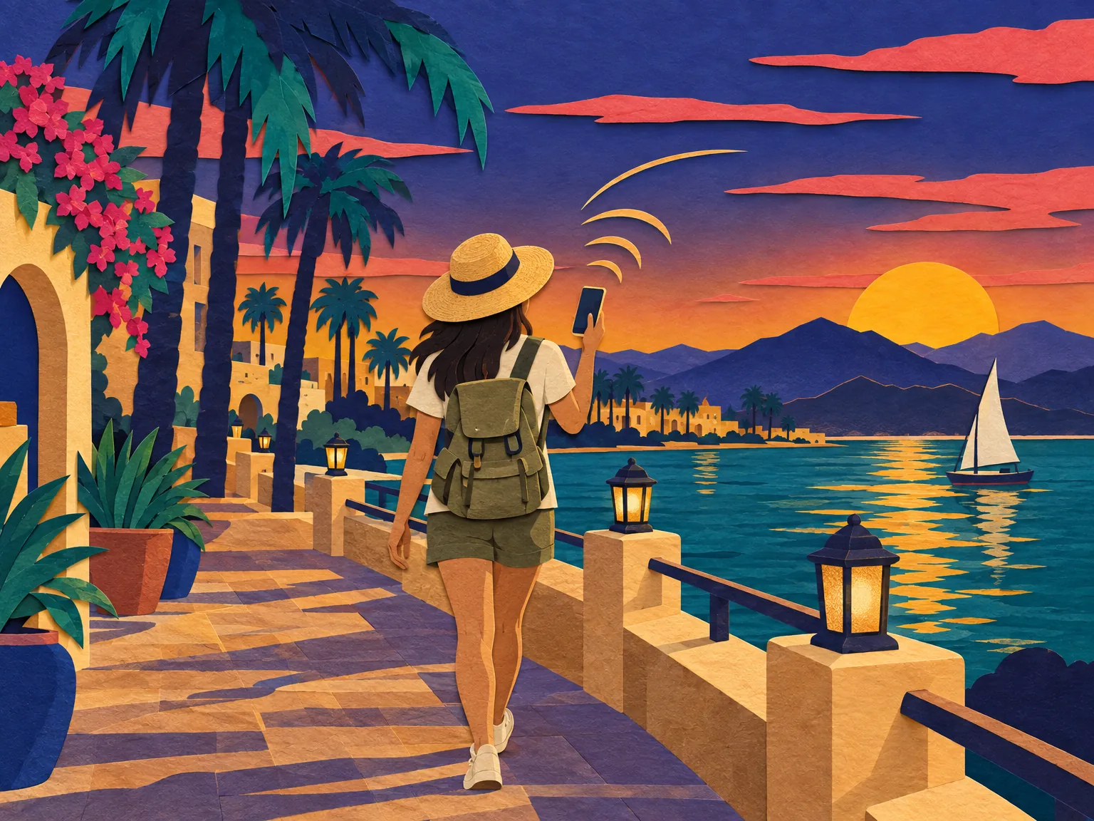 Illustration: a traveller walking a Red Sea promenade at dusk.