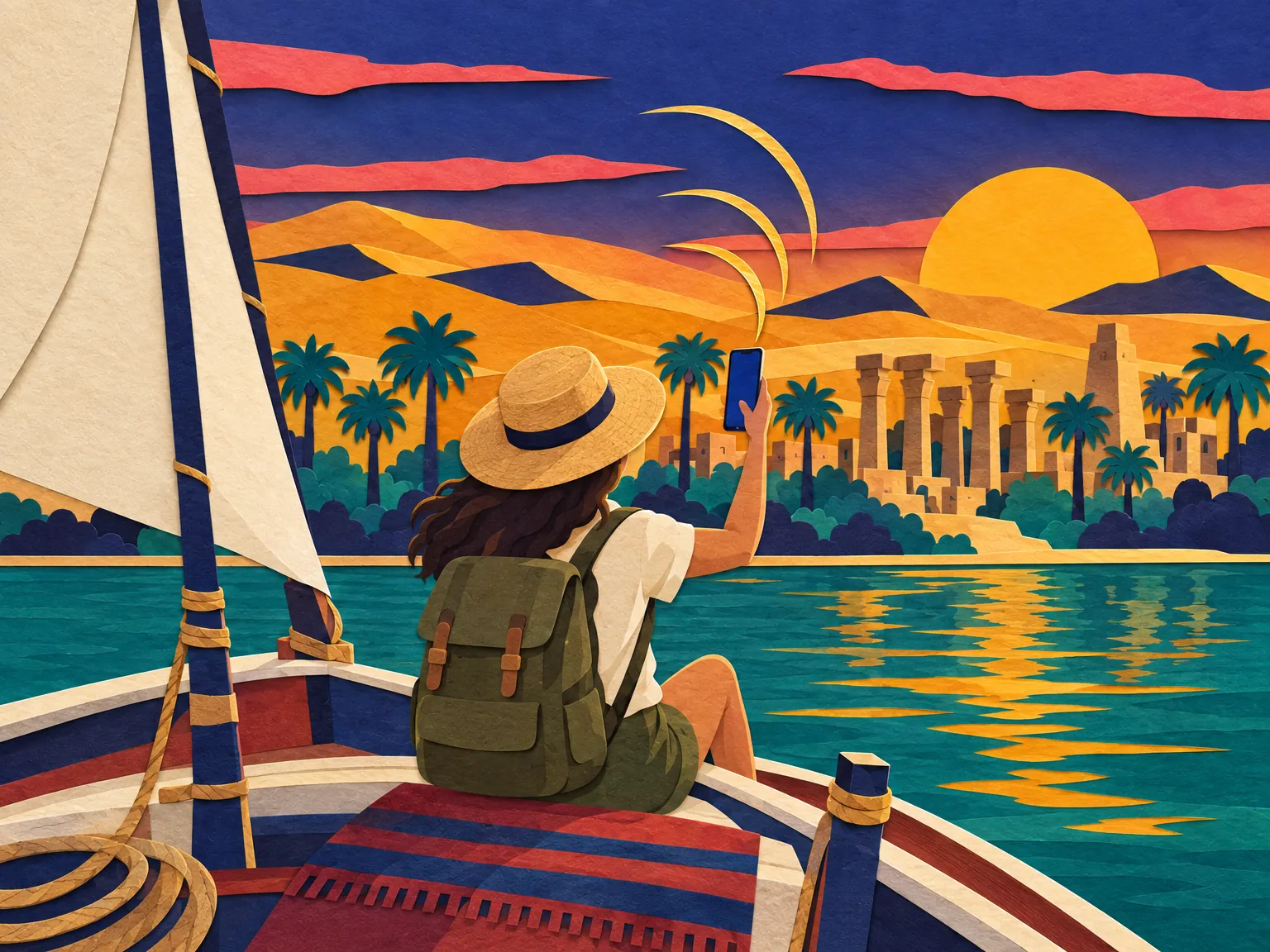 Illustration: a traveller on a felucca on the Nile in soft winter light.