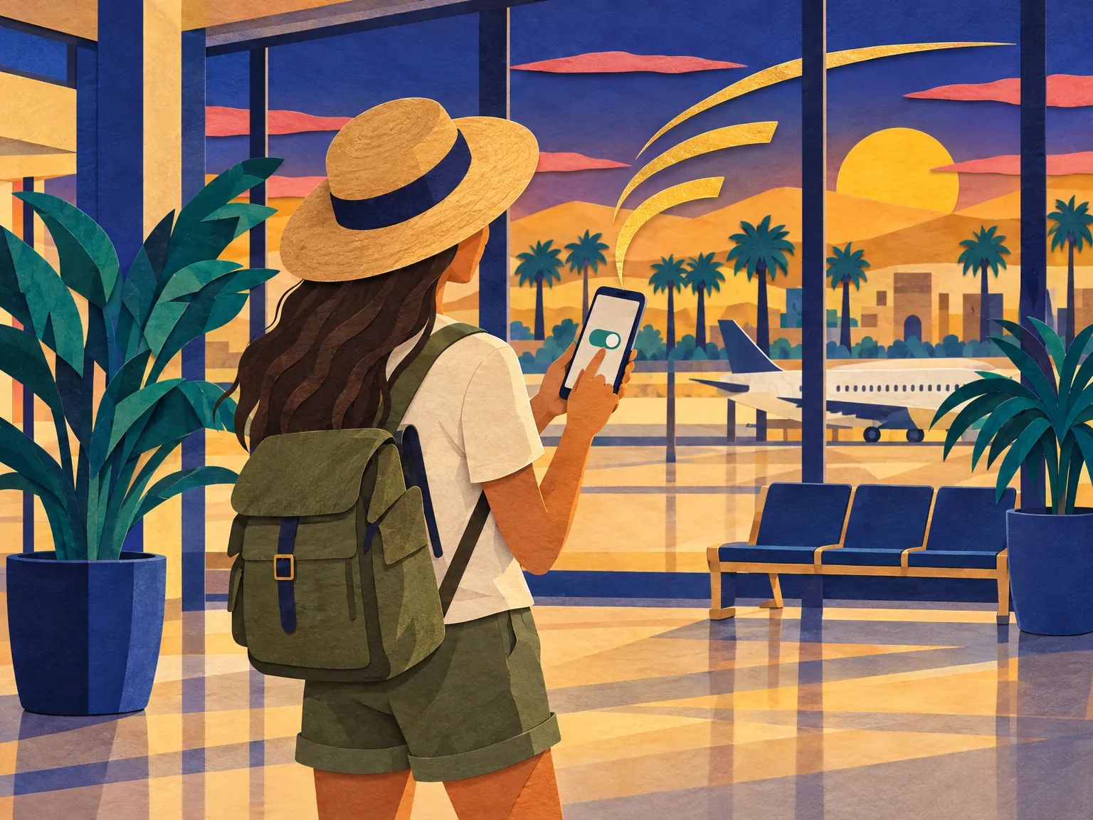 Illustration: a traveller switches a toggle on a phone in an arrivals hall.