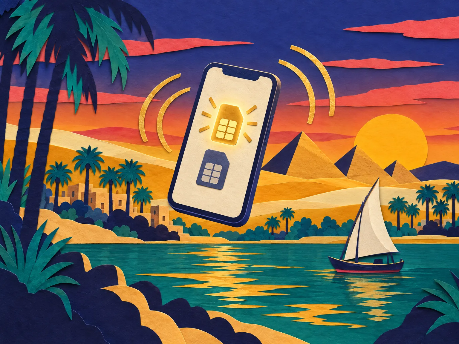 Illustration: a phone with two SIM lines, one glowing, above a Nile landscape.