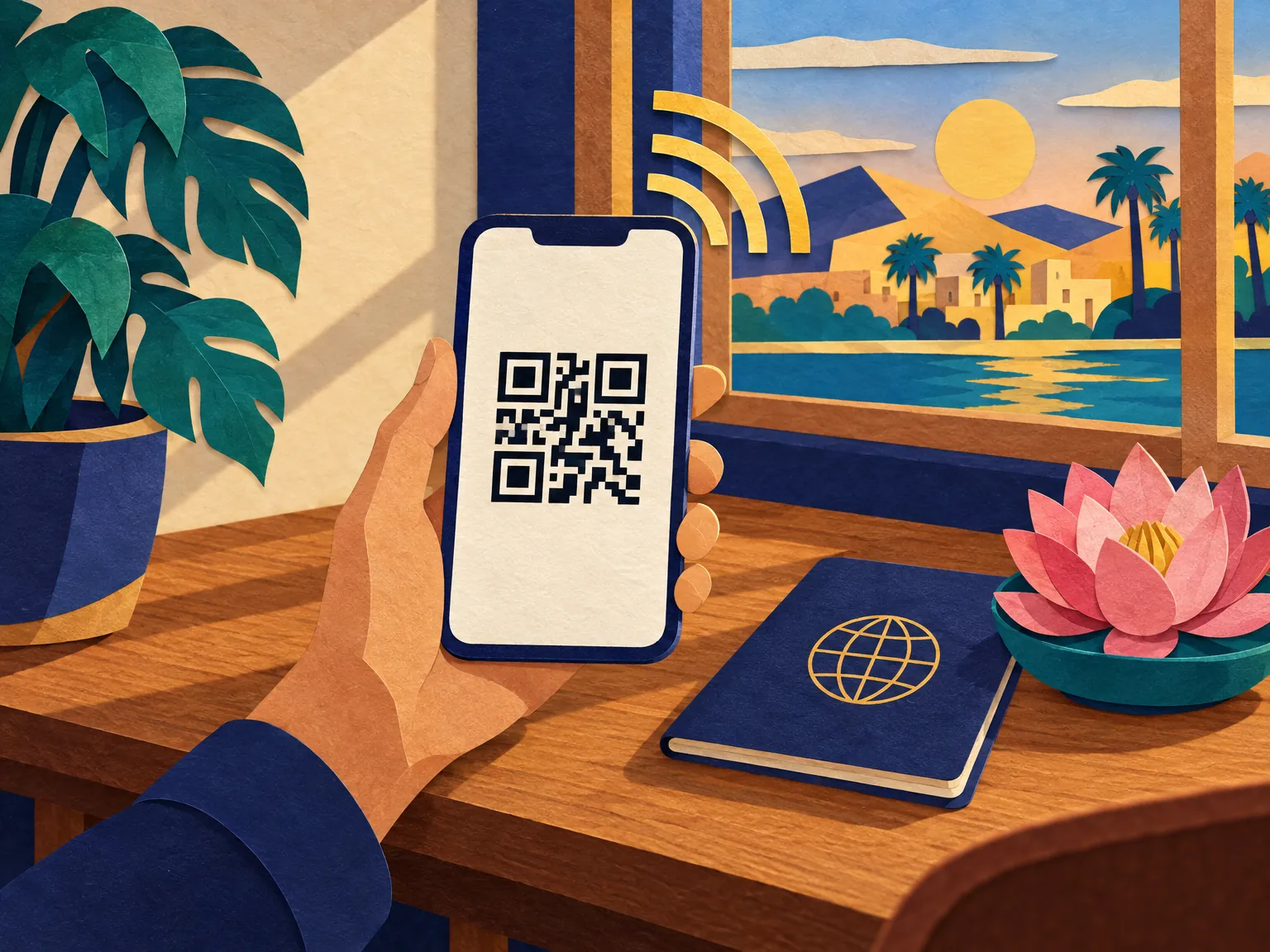 Illustration: a hand holds a phone showing a QR code on a wooden table with a lotus flower.