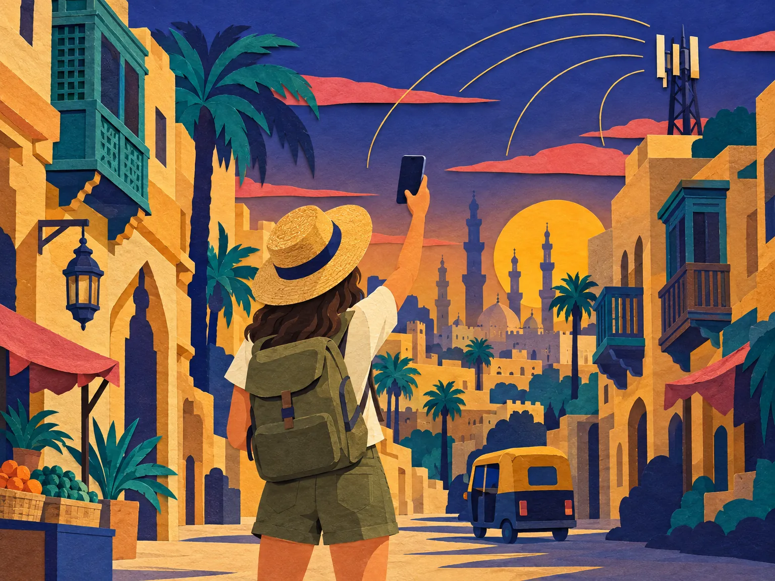 Illustration: a traveller holds a phone up beside a signal tower on a Cairo street.