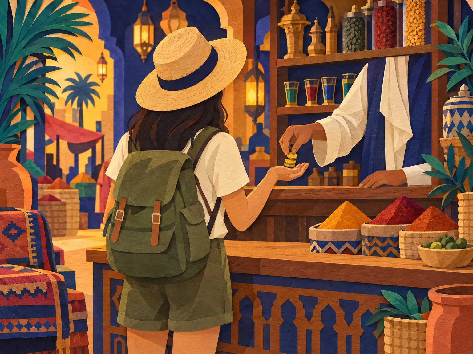 Illustration: a shopkeeper hands coins across a counter to a traveller.