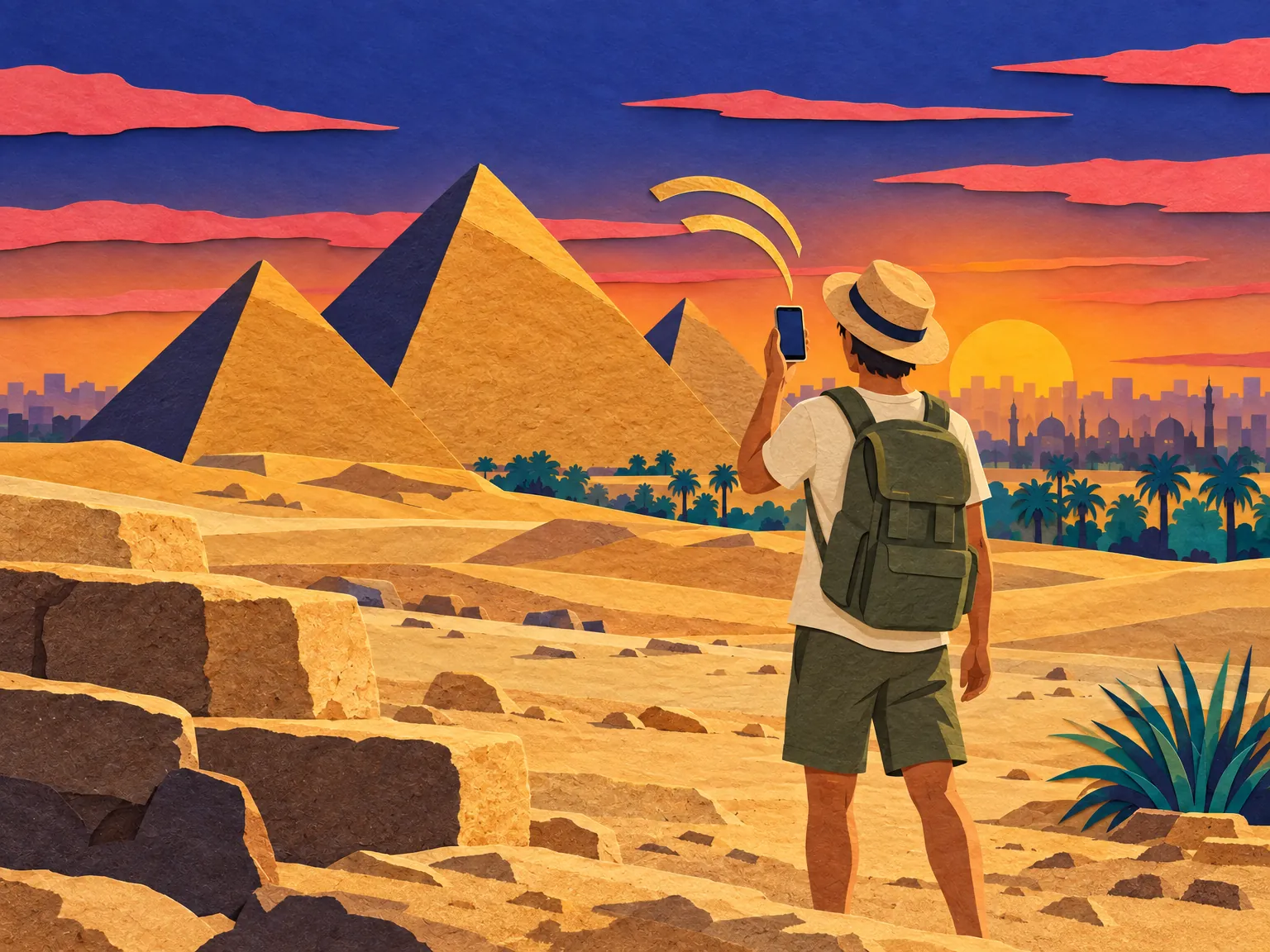 Illustration: a traveller on the Giza plateau checks a phone, the pyramids behind.