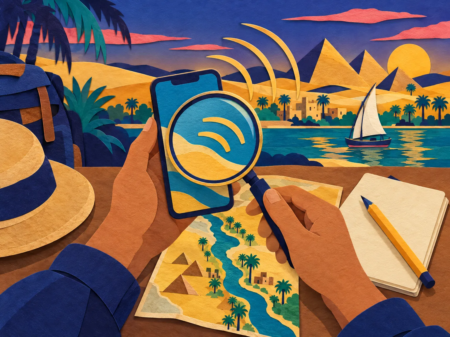 Illustration: hands hold a phone under a magnifying glass beside a small map of Egypt.