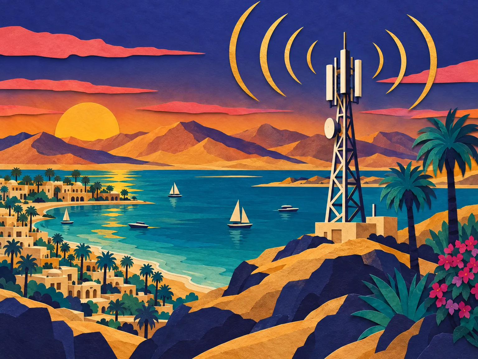 Illustration: a signal tower on a rooftop in Cairo at golden hour.