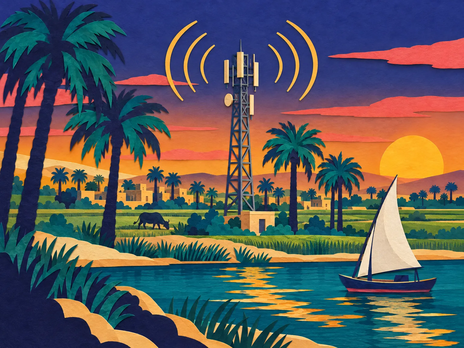 Illustration: a signal tower on a rooftop in Cairo at golden hour.