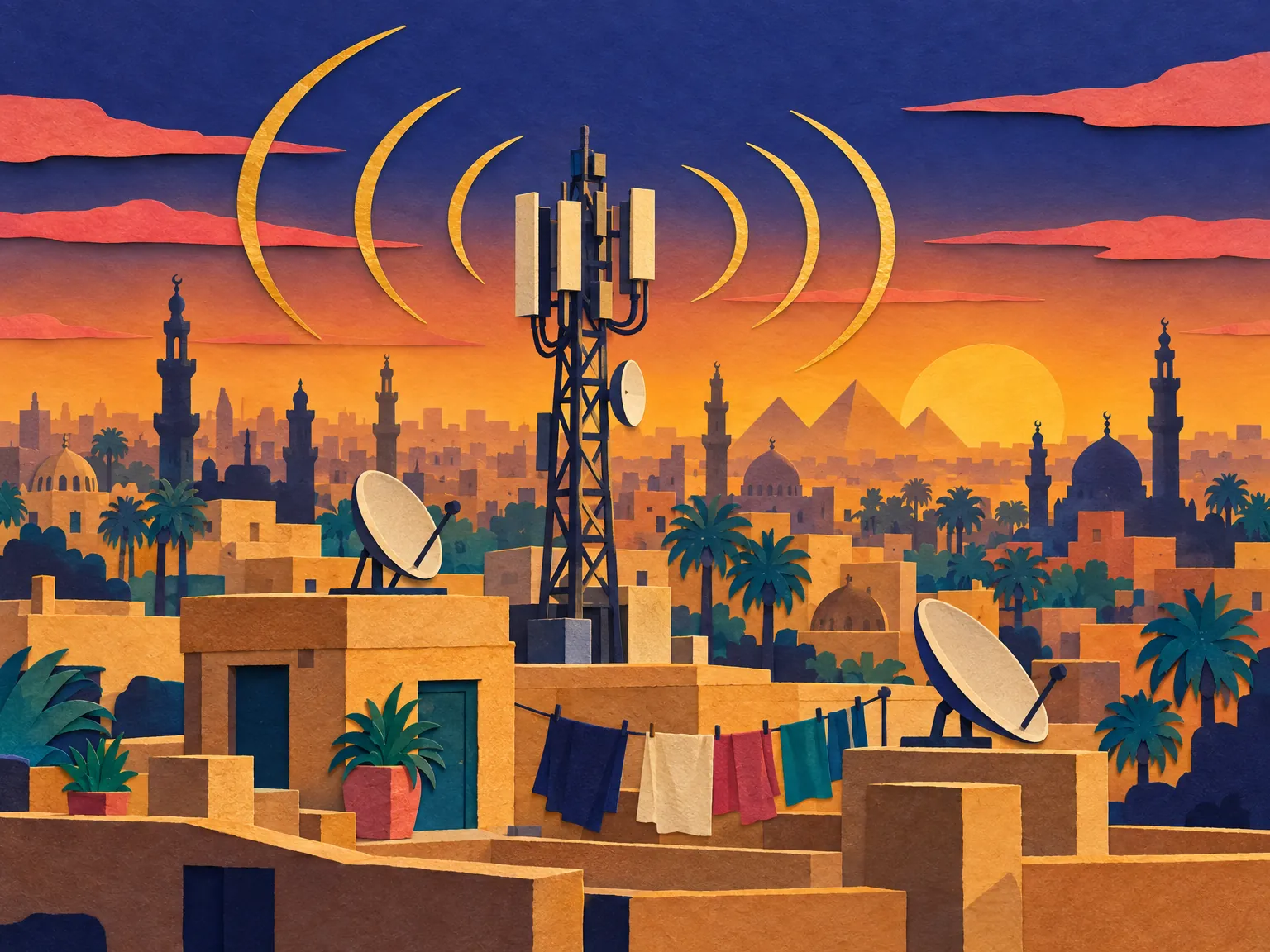 Illustration: a signal tower on a rooftop in Cairo at golden hour.