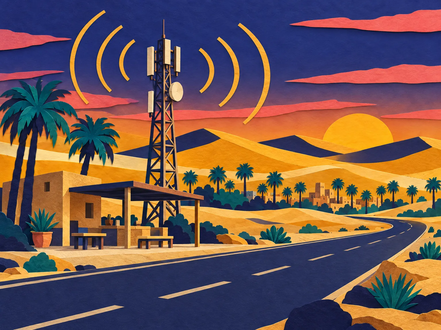 Illustration: a signal tower on a rooftop in Cairo at golden hour.