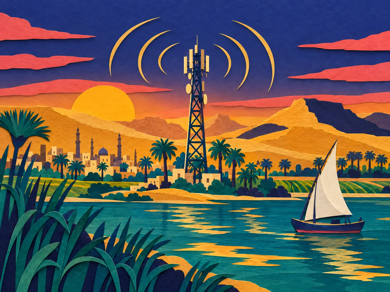 Illustration: a signal tower above the Nile, palm trees and a felucca below.