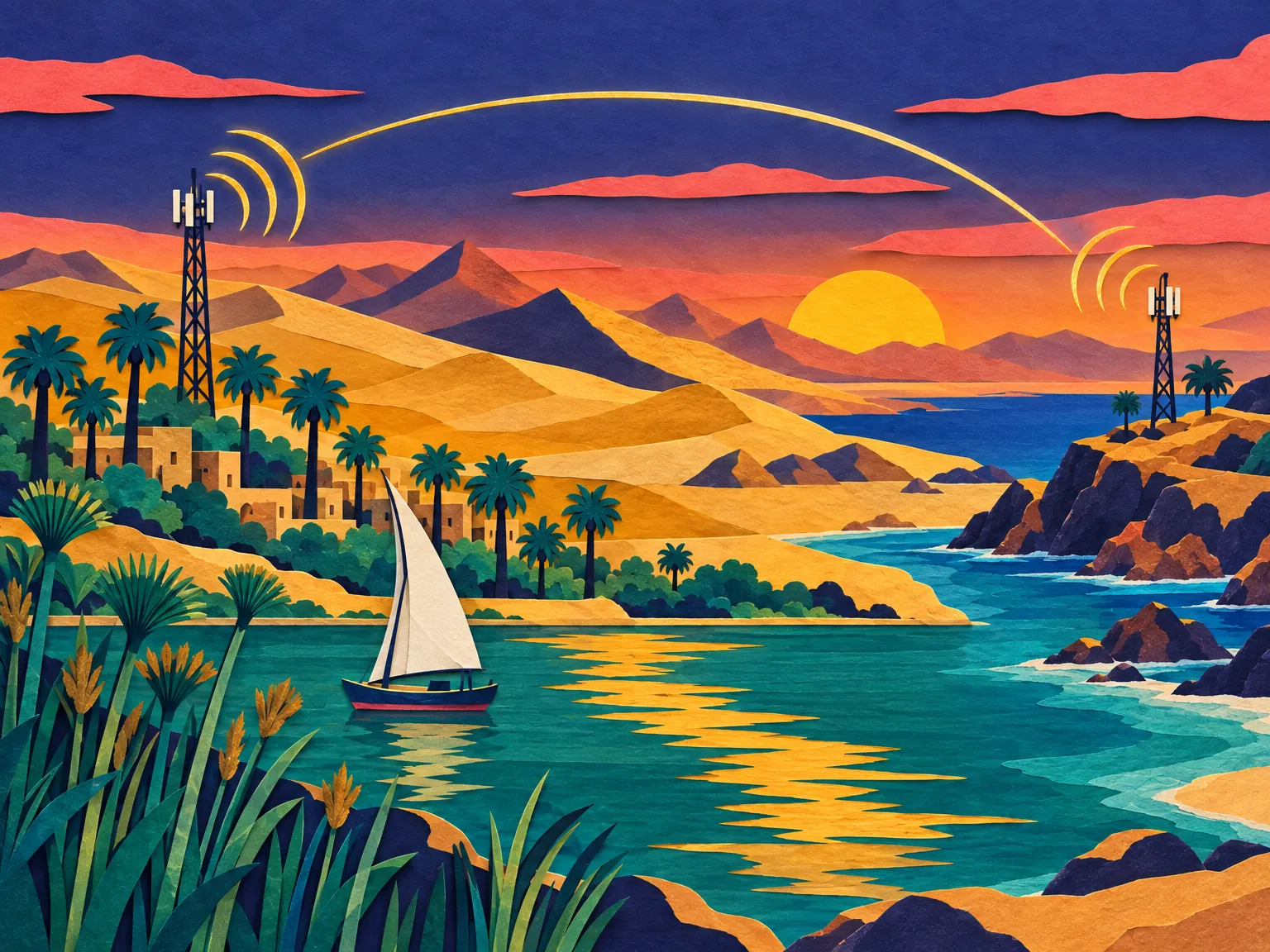 Illustration: two signal towers, one over the Nile valley and one over the Red Sea coast.