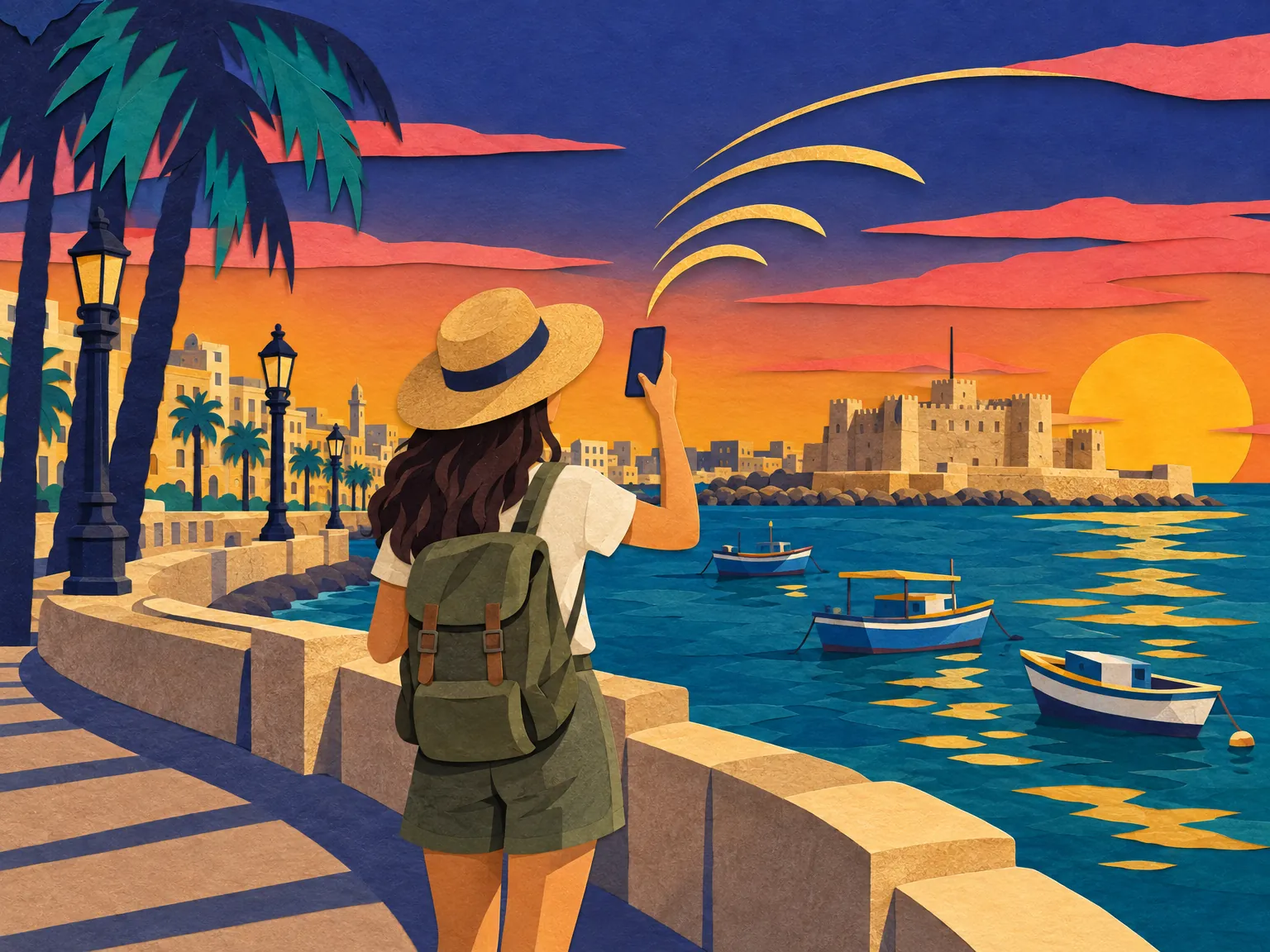 Illustration of the Alexandria corniche, the Mediterranean and a yellow tram.