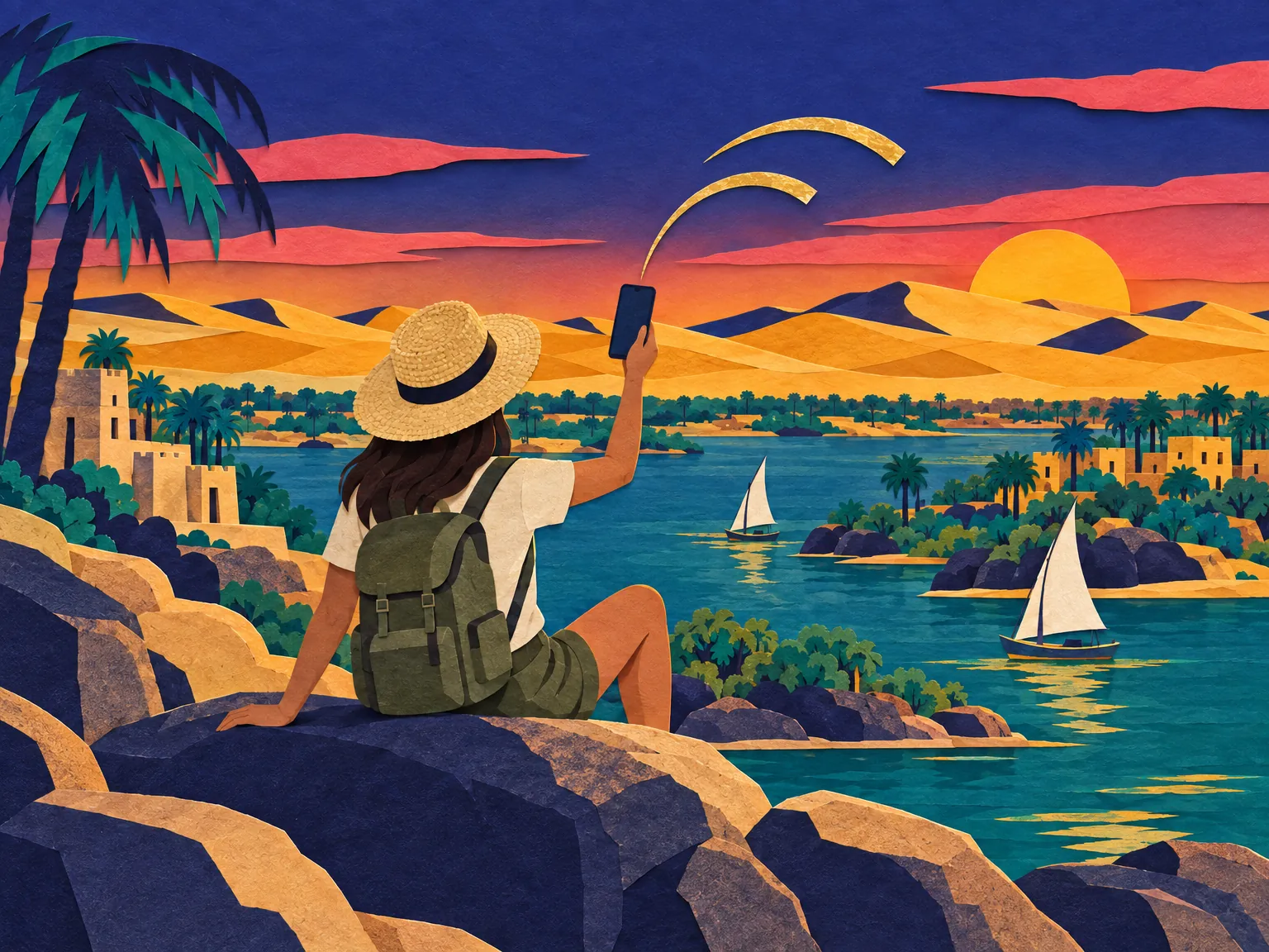 Illustration of feluccas on the Nile at Aswan, granite islands and palms behind.