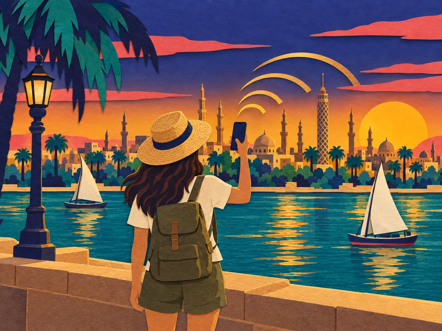 Illustration of a Cairo street with minarets and the Nile, a traveller checking a phone.