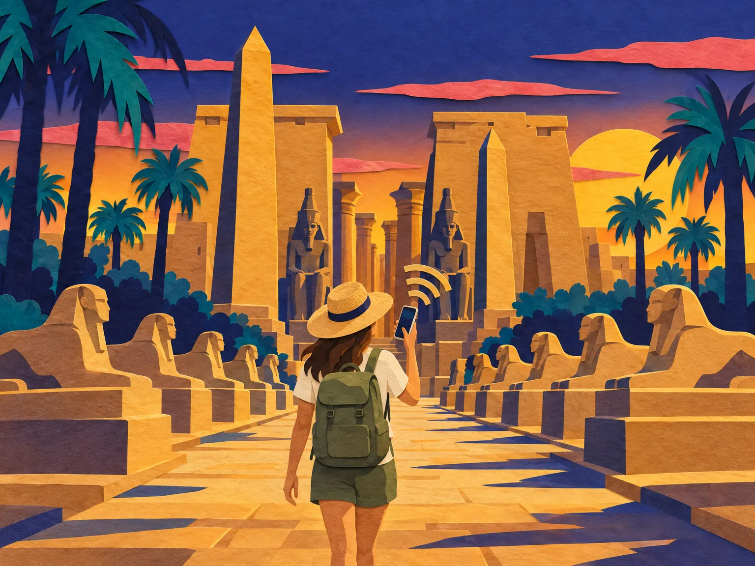 Illustration of Luxor Temple's columns at golden hour, a felucca on the Nile behind.