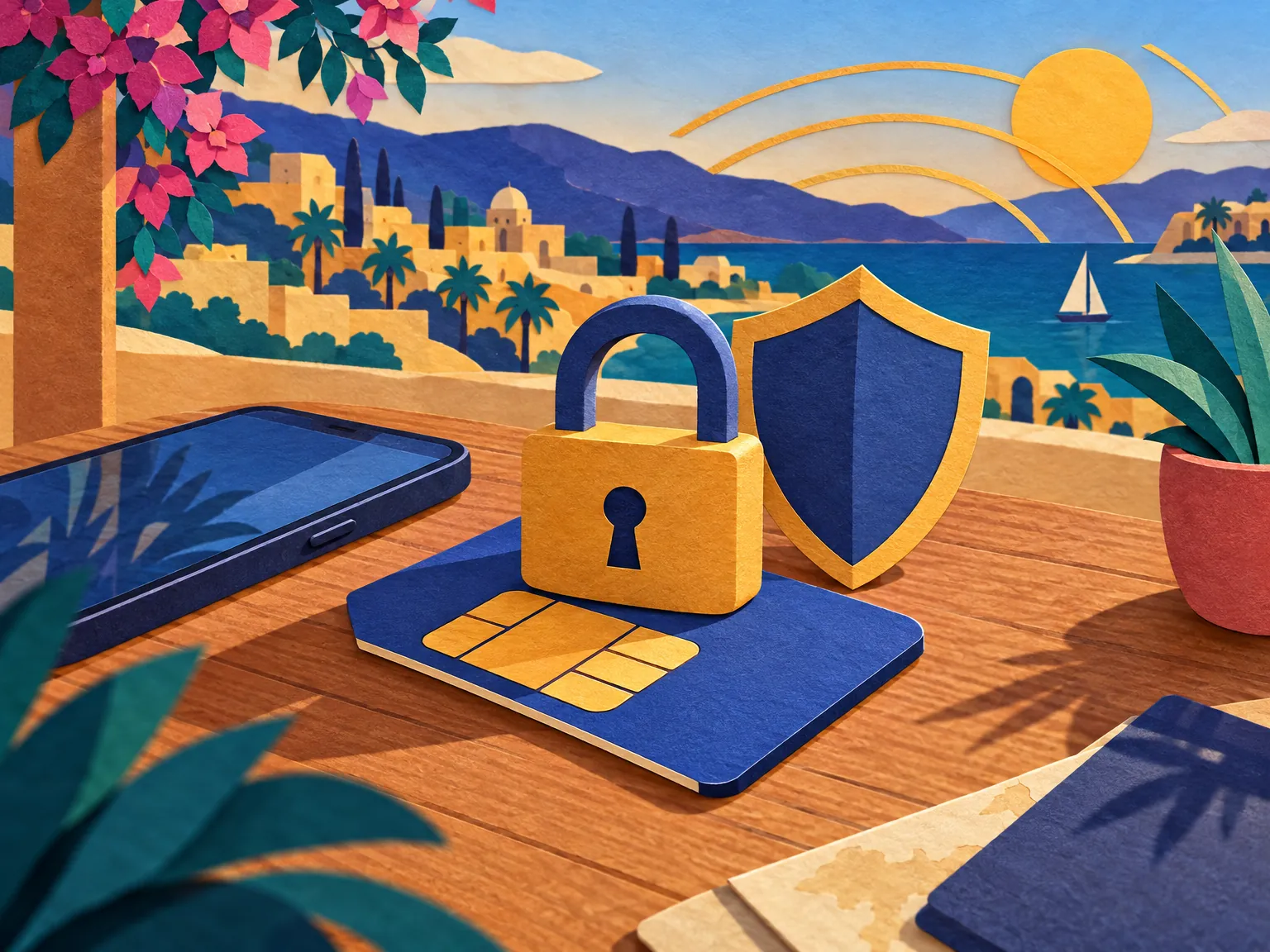 Illustration: a padlock resting on a SIM card beside a phone and a shield.