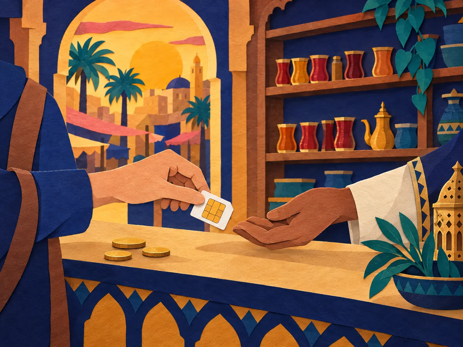 Illustration: a hand returns a SIM card across a shop counter, coins beside it.