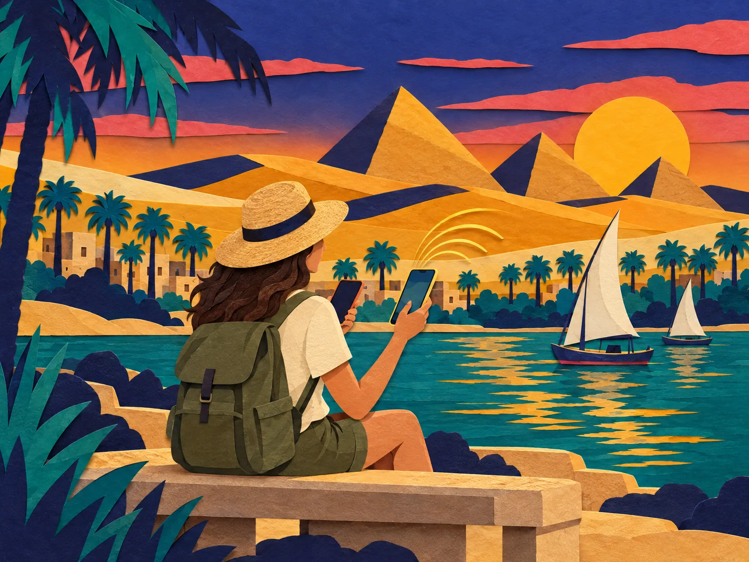 Illustration: a traveller on a Nile corniche bench compares two phones.