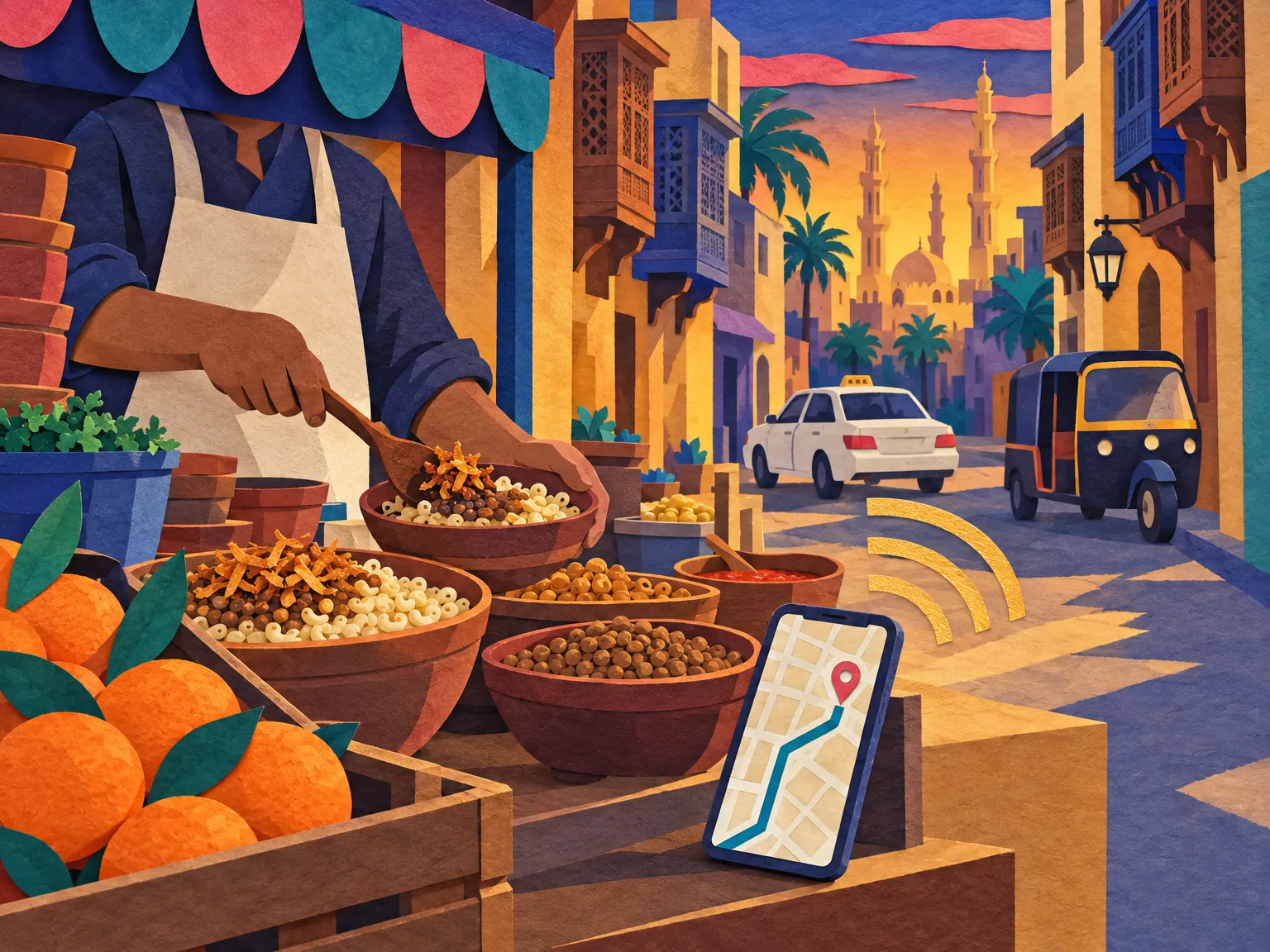 Ilustrasi: jalan di Kaherah dengan gerai koshary, sebuah teksi dan telefon yang memaparkan peta.