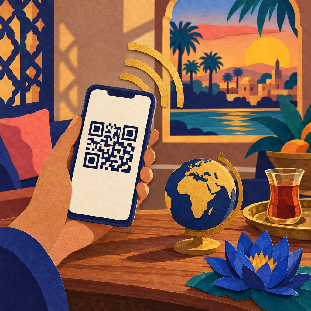 Ilustrasi: tangan memegang telefon yang memaparkan kod QR, di sebelah glob kecil dan bunga teratai.