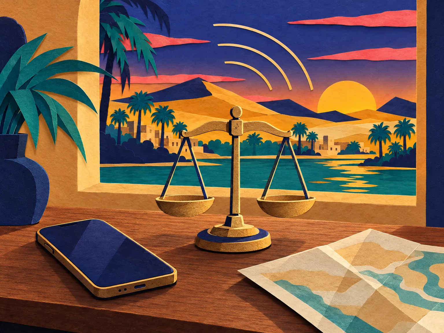 Illustration: a small balance scale on a wooden table beside a phone and a folded map of Egypt.